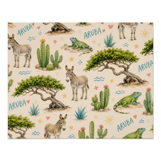 Aruba divi tree, donkey, iguana, cactus poster (Front)