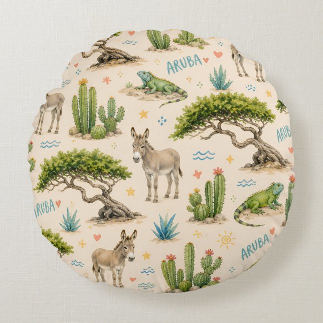Aruba divi tree, donkey, iguana, cactus round cushion (Front)