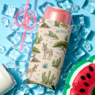 Aruba divi tree, donkey, iguana, cactus seltzer can cooler