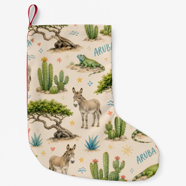 Aruba divi tree, donkey, iguana, cactus small christmas stocking (Front)