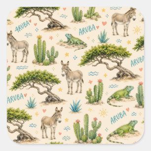 Aruba divi tree, donkey, iguana, cactus square sticker