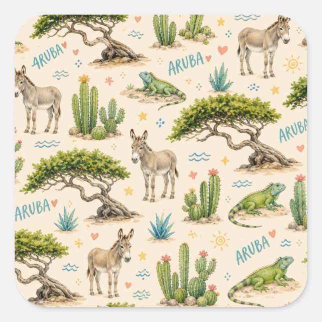 Aruba divi tree, donkey, iguana, cactus square sticker (Front)