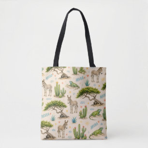 Aruba divi tree, donkey, iguana, cactus tote bag
