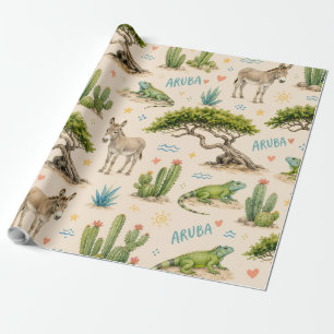 Aruba divi tree, donkey, iguana, cactus wrapping paper