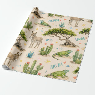 Aruba divi tree, donkey, iguana, cactus wrapping paper