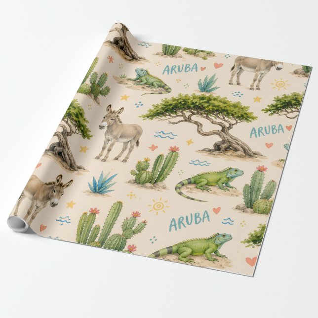 Aruba divi tree, donkey, iguana, cactus wrapping paper (Unrolled)