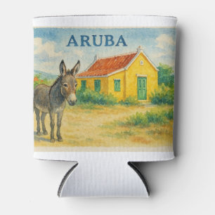 Aruba Donkey and Cunucu House Watercolor Can Cooler