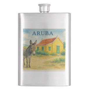 Aruba Donkey and Cunucu House Watercolor Hip Flask