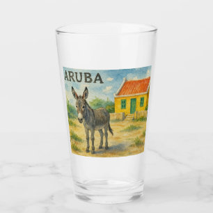 Aruba Donkey with Yellow Cunucu house watercolor Glass