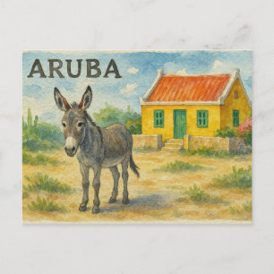 Aruba Donkey with Yellow Cunucu house watercolor Postcard