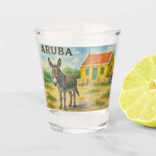 Aruba Donkey with Yellow Cunucu house watercolor Shot Glass