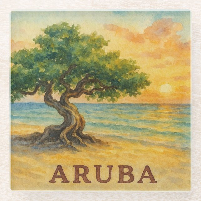 Aruba Eagle Beach Divi Tree Golden Hour Glass Coaster (Front)