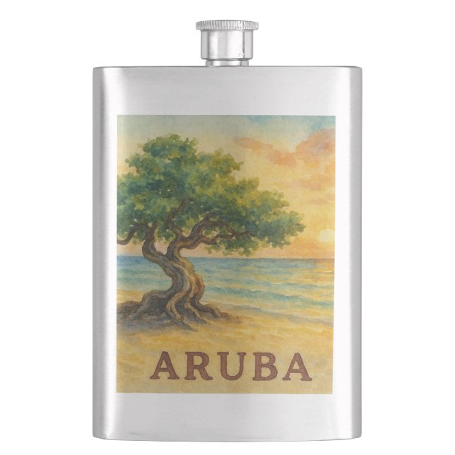 Aruba Eagle Beach Divi Tree Golden Hour Hip Flask (Front)