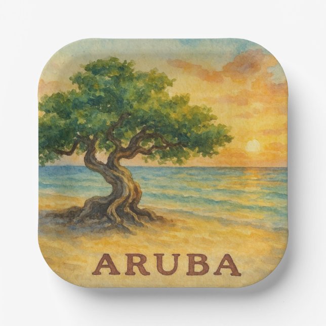 Aruba Eagle Beach Divi Tree Golden Hour Paper Plate (Front)