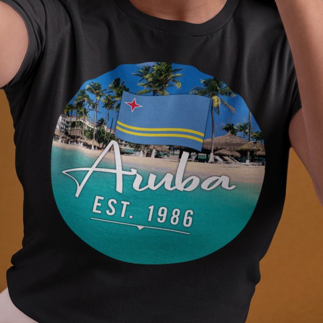 "Aruba Est. 1986" Beach With Flag T-Shirt (Creator Uploaded)