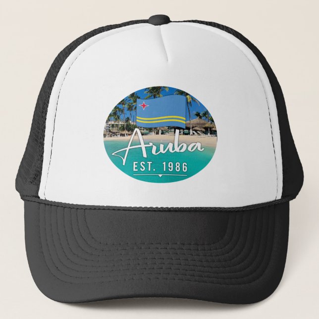 "Aruba Est. 1986" Beach With Flag Trucker Hat (Front)