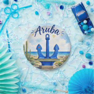 Aruba flag anchor Caribbean island travel souvenir Paper Plate