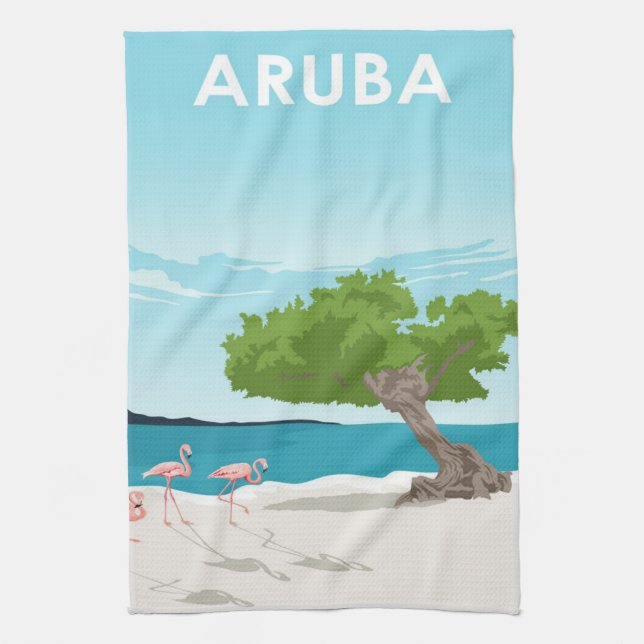 Aruba Island Travel Flamingo | Family Flamingo Tea Towel (Vertical)