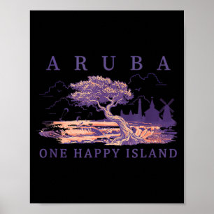 Aruba Kitesurfing Divi Tree Windmill Retro Travel Poster