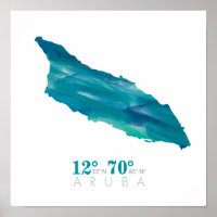 Aruba Map Coordinates Aqua Blue Watercolor