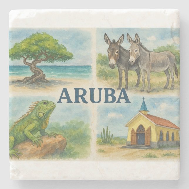Aruba multiview watercolor stone coaster (Front)