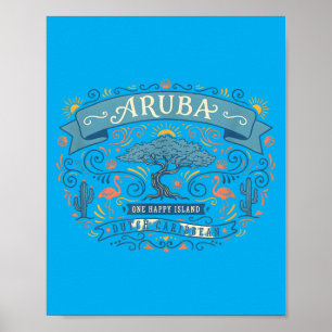 Aruba One Happy Island Flamingo Divi Tree Vintage Poster