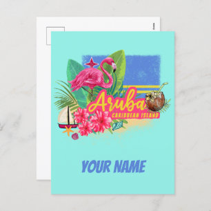 Aruba Retro Caribbean Island with Flamingo Vintage Holiday Postcard