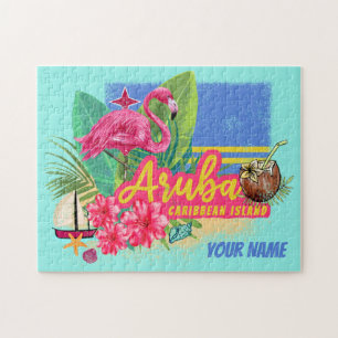 Aruba Retro Caribbean Island with Flamingo Vintage Jigsaw Puzzle