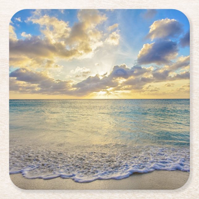 Aruba Sunset over Moving Sea Square Paper Coaster (Front)