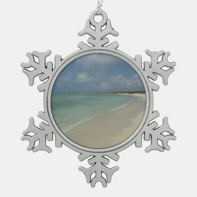 Aruban Beach II Beautiful Nature Scene Snowflake Pewter Christmas Ornament (Front)