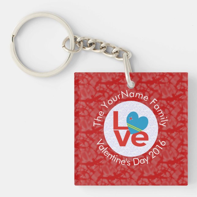 Aruban Flag Heart LOVE Red Personalised Text  Key Ring (Front)