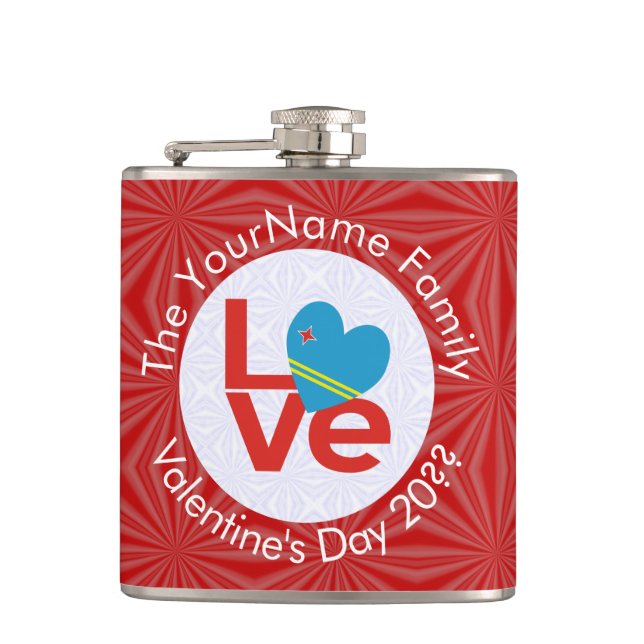 Aruban Red Letters LOVE Flag Personalised  Hip Flask (Front)