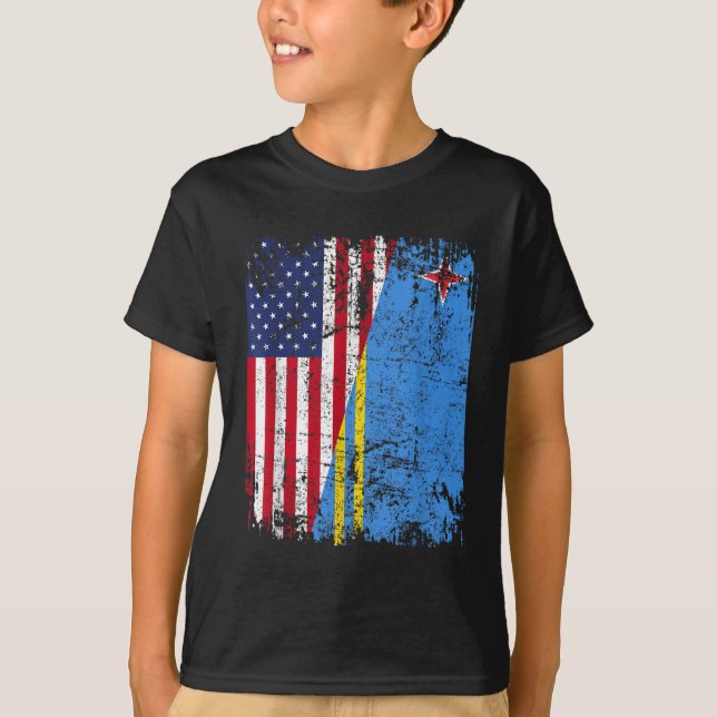 ARUBAN ROOTS Half American Flag ARUBA FLAG T-Shirt (Front)