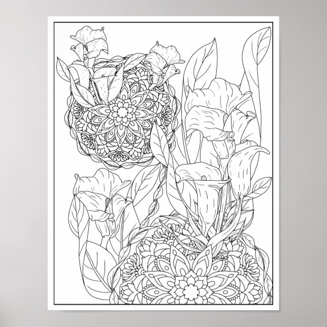 Arum Lilies and Leaves Mandala Adult Colouring Poster (Front)