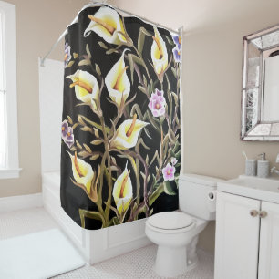 Arum Lily Artistic Floral Design On Black Shower Curtain