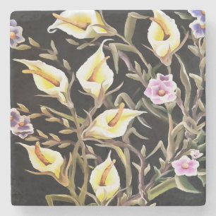 Arum Lily Artistic Floral Design On Black Stone Coaster