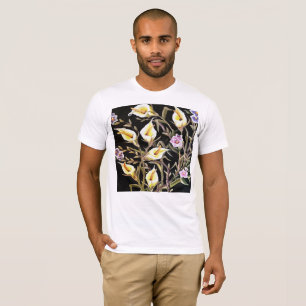 Arum Lily Artistic Floral Design On Black T-Shirt
