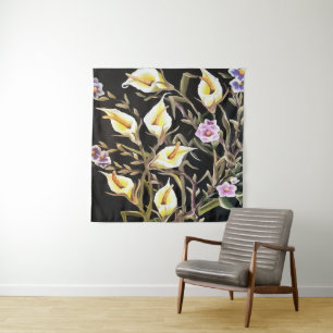 Arum Lily Artistic Floral Design On Black Tapestry
