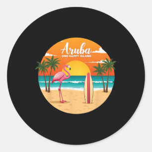 Aru's One Happy Island Flamingo Surfing Tropical B Classic Round Sticker