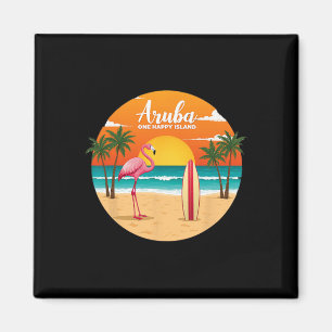 Aru's One Happy Island Flamingo Surfing Tropical B Magnet