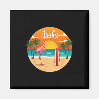Aru's One Happy Island Flamingo Surfing Tropical B Magnet