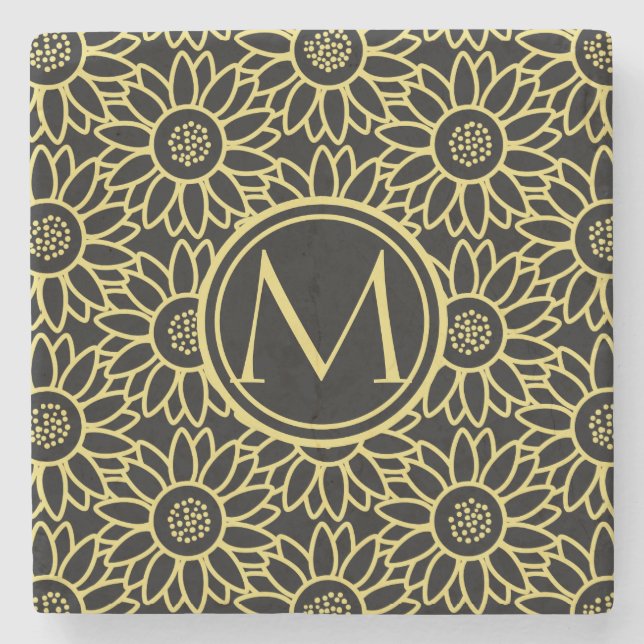 Arylide Yellow Sunflower Pattern Monogrammed Stone Coaster (Front)