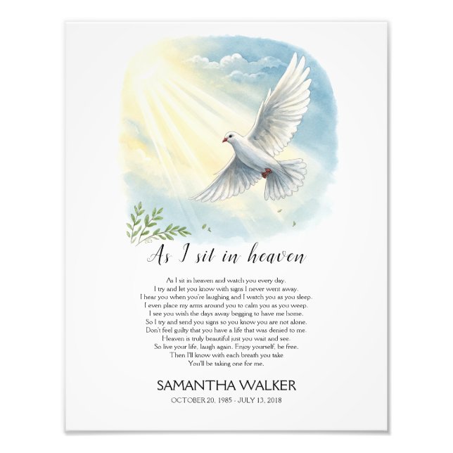 As I Sit in Heaven Dove Memorial Poem Sign  (Front)