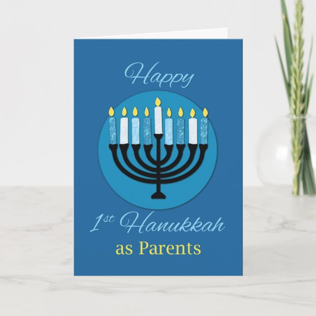 As Parents First Hanukkah Menorah on Dark Blue Card (Front)