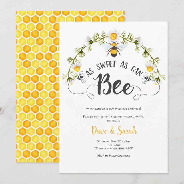 As sweet as can bee, Gender Reveal Party Invitation (Front/Back)