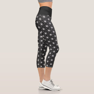 Asanoha Black and White Pattern Capri Leggings