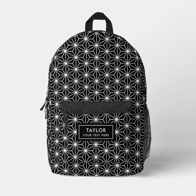Asanoha Black and White Pattern Printed Backpack (Front)