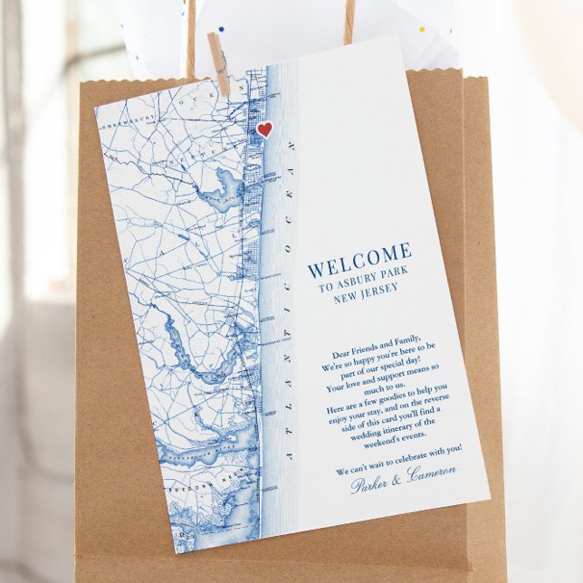 Asbury Park New Jersey Wedding Welcome Itinerary Thank You Card (This Asbury Park NJ map wedding welcome letter is perfect for your destination wedding guests)
