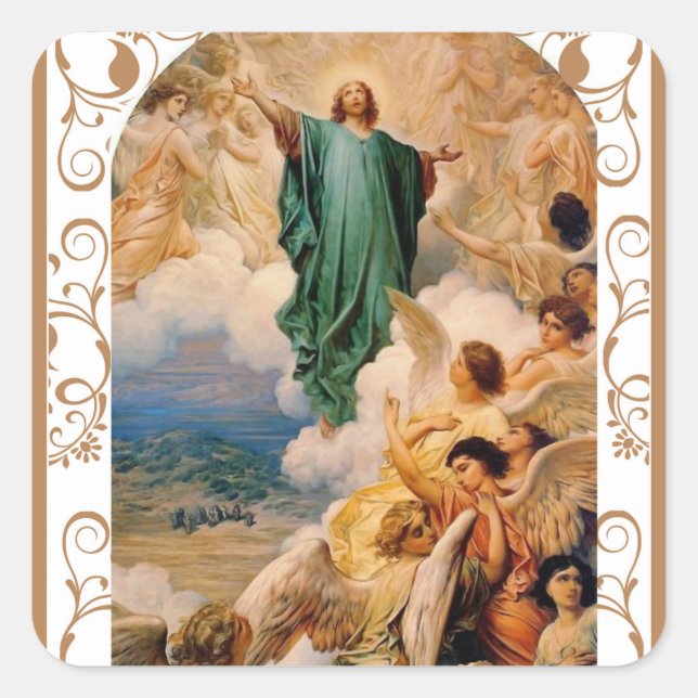 Ascension of Jesus into Heaven w/ Angels Square Sticker (Front)