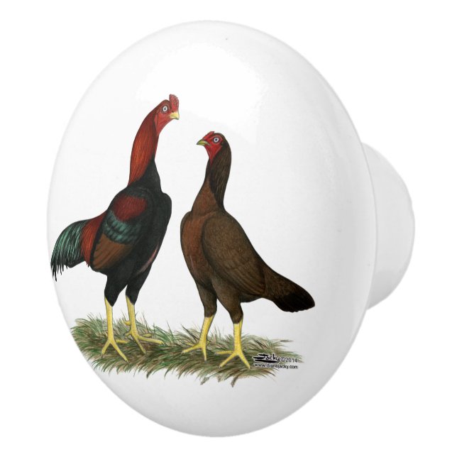 Aseel Black Red Chickens Ceramic Knob (Right)